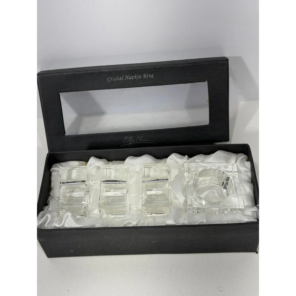 Oleg Cassini Crystal Napkin Rings jackie Set of 4‎ Clear Square Faceted Signed